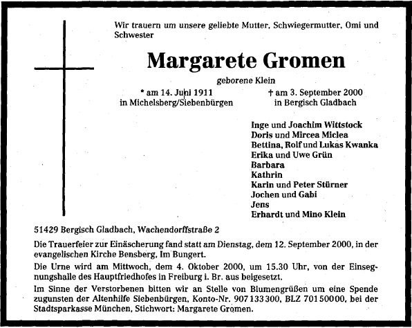 Klein Margarete 1911-2000 Todesanzeige